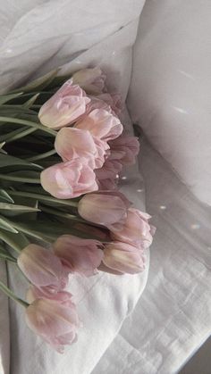 a bunch of pink tulips laying on top of a white pillow