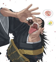 an anime character with his mouth open and one hand in the air, while another person holds