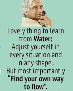 an old woman with white hair and a quote on it that says, lovely thing to learn from water adjust yourself in every situation