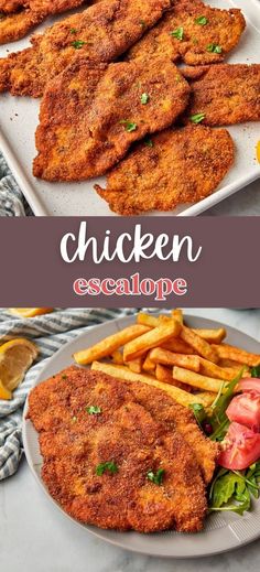 chicken schnitz and french fries on a plate with the words chicken escalope