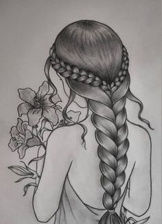 a drawing of a girl with long braids and flowers