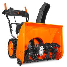 an orange snow blower on a white background