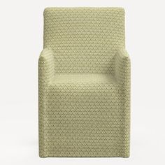 an upholstered chair with a green pattern on the back and arms, in front of a white background