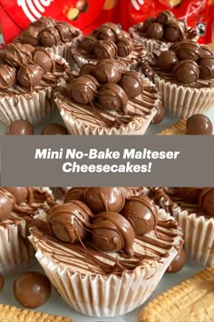 mini no - bake malteseser cheesecakes with chocolate frosting on top