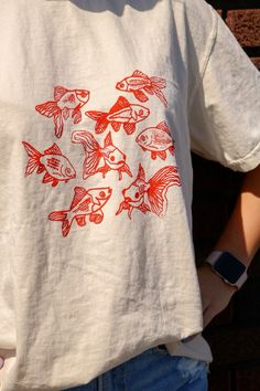 they need a koi fish emoji before i start having suicidal thoughts Art Graphic Tees, Screen Printed T Shirt, Cute T-shirts, Stamped Shirt, Fish Emoji, Fun T Shirts, Fish T Shirt, Womens T Shirts, Orange Outfit