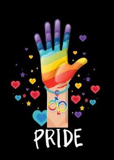 a hand with the word pride painted on it, surrounded by hearts and rainbows