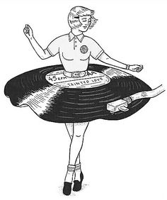 a drawing of a woman in a dress with a record on it's lap