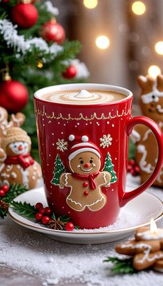 a cup of hot chocolate on a saucer with gingerbreads in the background