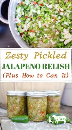 three jars filled with pickled jalapeno relish on top of a wooden table