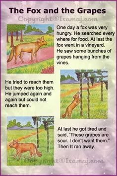 the fox and the grapes poem is shown with pictures of different types of animals in it