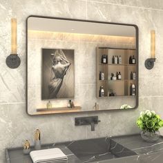 a bathroom sink with a mirror above it next to a shelf filled with bottles and vases