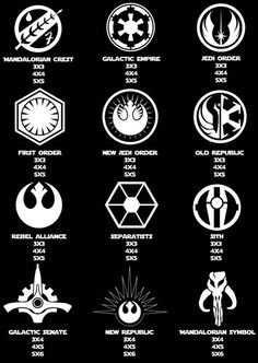 the star wars symbols are shown in black and white, as well as their meanings