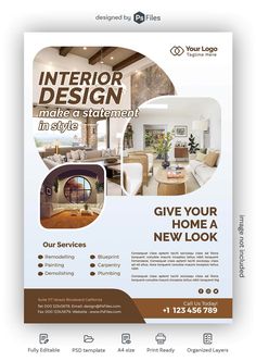 Interior Design Business Free Flyer PSD Template - PsFiles profesionallogodesigner #designer😎. Flyer Design Illustration, Interior Design Services Flyer, Business Flyer Background, Flyer Design Ideas Layout, Poster Ideas For Business, Interior Design Flyer Ideas, Graphic Design Posters Ideas Inspiration, Flyer Design Layout Templates, Interior Design Poster Ideas