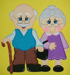 an old man and woman standing next to each other on a yellow background with glitter