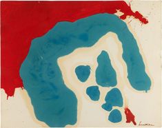 an abstract painting with blue and red colors on white paper in the shape of a dog's paw