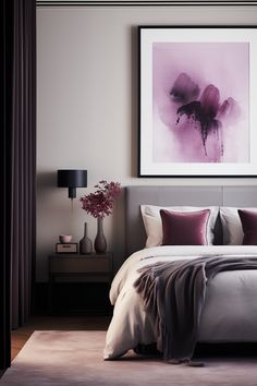 a bedroom with a bed, nightstand and painting on the wall