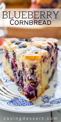 a slice of blueberry cornbread on a plate