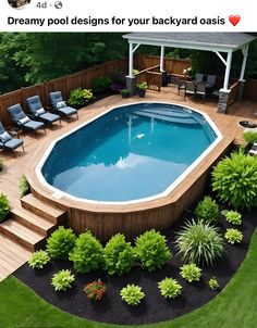 an above ground pool with decking and chairs around it, surrounded by greenery