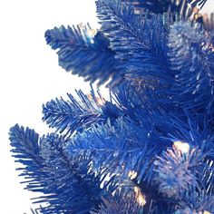 a blue christmas tree with lots of lights on it's branches in the sunlight