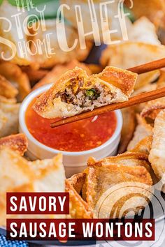 This image contains: Savory sausage wontons in chopsticks with sweet and sour sauce Sausage Wontons, Roll Up Sandwiches, The Stay At Home Chef, Homemade Appetizer, Stay At Home Chef, Bite Size Snacks, Sausage Bake, Bite Size Appetizers, Delicious Appetizer Recipes