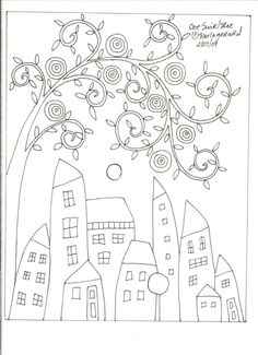 a drawing of a tree with swirly branches and houses in the background is shown