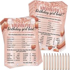 a birthday party game with pink and gold confetti on the side, which says who knows the birthday girl best?