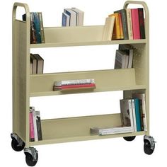 a book shelf with wheels and books on it