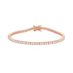 This classic Forever Facets women's tennis bracelet features brilliant 2mm cubic zirconia stones in a simple 4-prong setting. The 7.25 sterling silver bracelet is plated in 14K rose gold to enhance the design and includes a tongue in groove clasp and double figure 8 safety catches. Shipped in a jewelry presentation box, ready to be given as a gift to that special someone, it makes a perfect present for birthdays, holidays, Mothers Day, Valentines Day, for bridesmaids or for any special occasions. Size: one size.  Color: Pink.  Gender: female.  Age Group: adult. Jewelry Presentation, Figure 8, Tennis Bracelet Diamond, Sterling Silver Bracelet, Tennis Bracelet, Infinity Bracelet, Sterling Silver Bracelets, Fashion Bracelets, Womens Bracelets