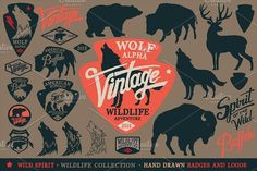 the vintage wild life logo and emblems are displayed in this graphic art work, which includes