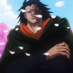 an anime character with black hair and green eyes, standing in front of pink clouds