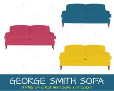 three different colored couches with the text george smith sofa