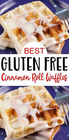 the best gluten free cinnamon roll waffles are on a blue plate