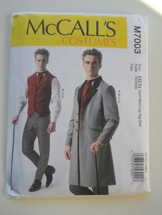 Vest has shaped front hemline, notched collar, contrast back, and back buckled tab. Coat has contrast notched collar, flaps, pockets, side-back seams, back vent and two-piece sleeves. Back and sleeves: Button trim. A, B: Lined. Tapered pants have front button waistband, side-front pockets, fly zipper and optional button trim. A, B, C: Fitted. Tie has neck band, loop and hook & eye closure. McCall's M7003 sewing pattern was released in 2014, and was designed and printed in the USA. This pattern i Steampunk Costume Male, Steampunk Vest, Costume Sewing Patterns, Suit Pattern, Formal Pants, Costume Patterns, Tie Men's, Mccalls Sewing Patterns, Vest Coat