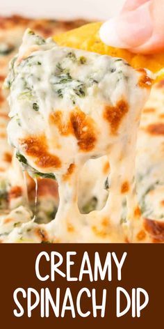 a close up of a piece of pizza with cheese and spinach dip on it