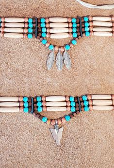 "Native American Indian Style Choker made from Antique Bone Hairpipe beads, turquoise, light brown and brown wood beads. Choker can be ordered with no drop down, 3 feathers, or arrowhead pendant and also 3 rows or 4 rows of beads. Designed and Handmade by me in the United States. Includes tie in back. Approximately 12.5\" in length. Or you can custom order a hairpipe choker in your choice of Genuine Horn or Bone hairpipe beads in the following colors (see other listings: Black Horn Red Horn Gold Native American Beaded Choker, Indigenous Photoshoot, Native American Seed Bead Patterns, Native American Jewelry Diy, American Indian Crafts, Bone Bead Necklace, Pokemon Jewelry, Native American Wedding, Breast Plate