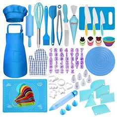 kitchen tools and utensils laid out on a white background