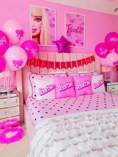 a bedroom decorated in pink and white with balloons