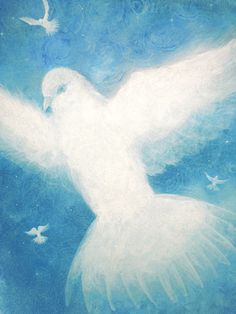 a painting of a white dove flying in the sky