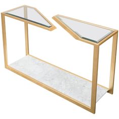 two tables with glass top and gold frame, one is white marble the other is light wood