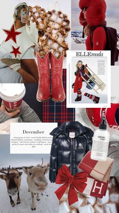 the collage is full of different items including boots, hats and scarfs