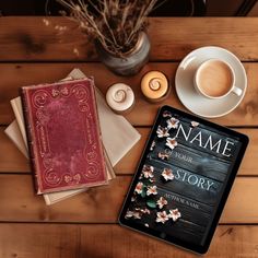 a table topped with two books and a cup of coffee