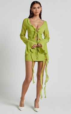 Diana Two Piece Set - Ruffle Long Sleeve Top And Mini Skirt in Lime | Showpo USA Vegas Ootd, Winx Costume, Brat Party, Green Matching Set, Basic Black Dress, Neon Outfits, 2024 Halloween, Spring Maxi Dress, Bachelorette Dress