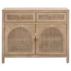 the sideboard is made from wood and has two wicker doors on each side