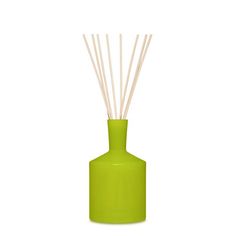 a green vase with reeds in it on a white background