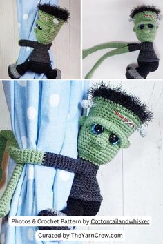 crocheted zombie doll hanging on the curtain