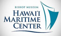 the hawaii maritime center logo is shown in blue and white with an arrow on it