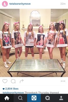 a group of girls standing next to each other in front of a glass coffee table