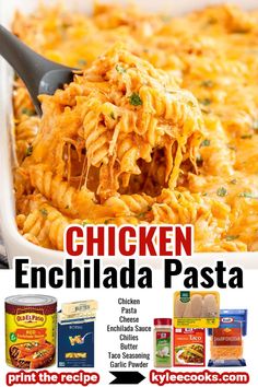 an advertisement for chicken enchilada pasta in a white casserole dish