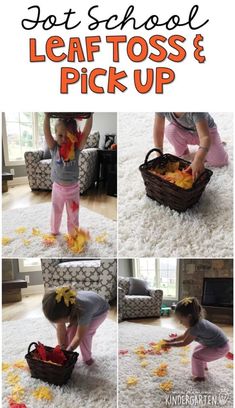 a collage of photos showing how to use leaf toss and pick up