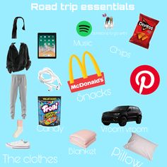 the road trip essentials include clothing, snacks, and other items